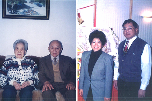 Woman and man sitting on couch on left, woman and man standing on right