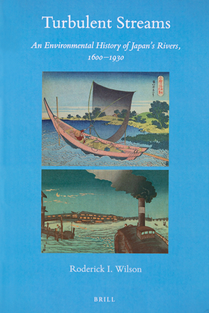 Illustrations of boats on water (book cover for "Turbulent Streams: An Environmental History of Japan’s Rivers, 1600-1930"