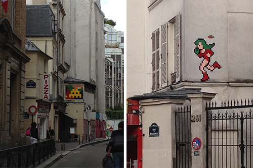 Split image of pixel art on buildings
