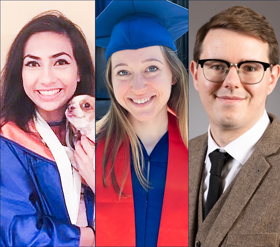 Left to right: smiling young woman dressed in graduation gown holding small dog; smiling young woman in graduation cap and gown; headshot of smiling young man in glasses and brown suit 