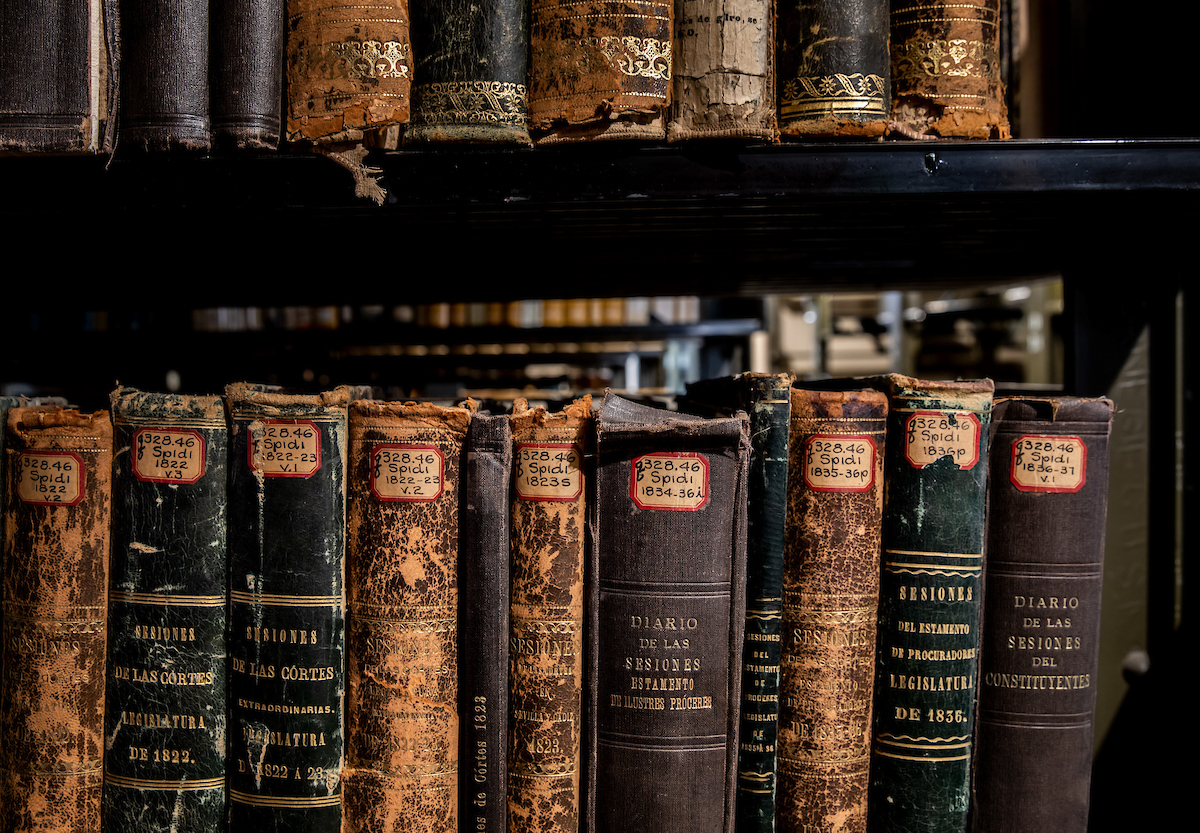 Row of old books in library