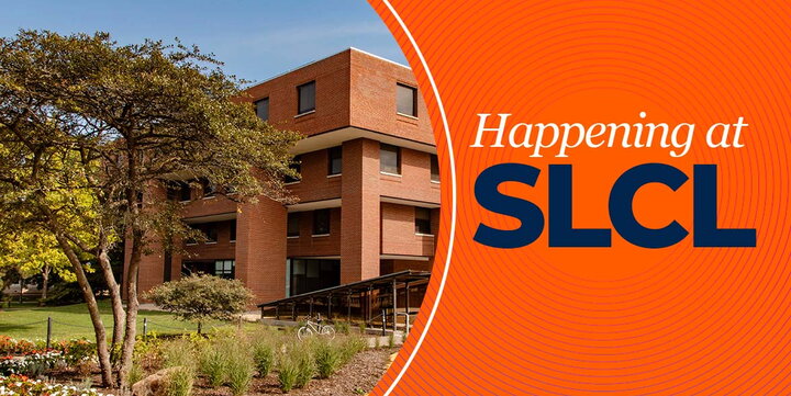 Header for "Happening at SLCL" bulletin featuring a springtime outside view of the Literatures, Cultures & Linguistics Building
