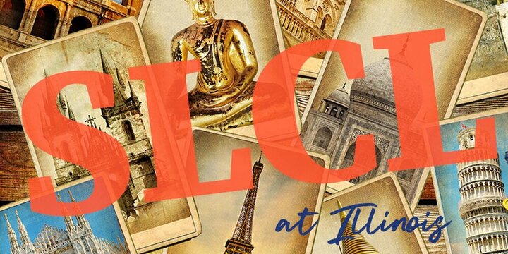 Collection of postcards with pictures of historical landmarks and the text, "SLCL at Illinois"