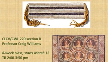 Poster with the text, &quot;Greco-Roman Antiquity in Native American Literature: CLCV/CWL 220 section B, professor Craig Williams, 8-week class, starts March 12, TR 2:00-3:50 pm