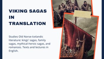 Poster with images of Vikings on ships and the following text: &quot;SCAN 252: Viking Sagas in Translation; Studies Old Norse-Icelandic literature: kings' sagas, family sagas, mythical-heroic sagas, and romances. Texts and lectures in English. Walker Horsfall.