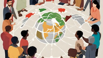 Drawing of people standing around a globe