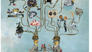 Language figures above heads of two men