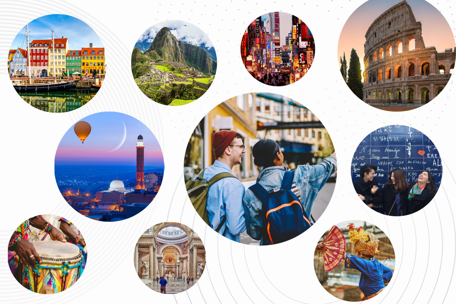 Various circular images of students and landmarks around the world 