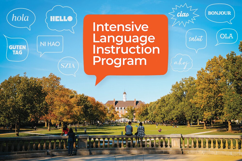 View of campus with a text bubble that says Intensive Language Instruction Program 