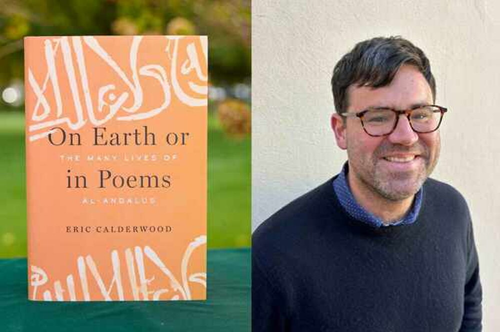 Book cover on left, man in glasses on right