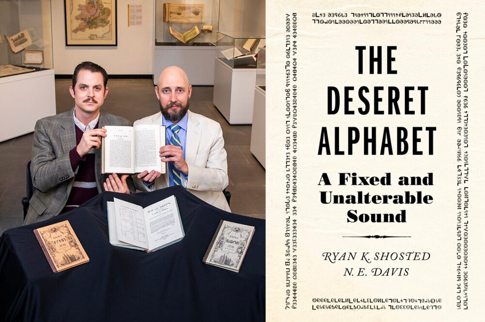 Left: Two men hold open book. Right: Book cover.