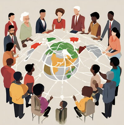 Drawing of people standing around globe