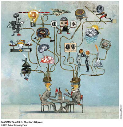 Language figures above heads of two men