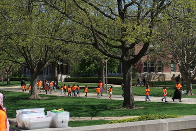 Children walking in line down sidewalk