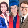 Left to right: smiling young woman dressed in graduation gown holding small dog; smiling young woman in graduation cap and gown; headshot of smiling young man in glasses and brown suit 