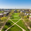 An aerial view of the Main Quad showing Foellinger and the South Quad in the spring. 