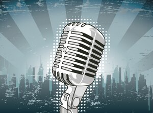 Microphone in front of urban city background