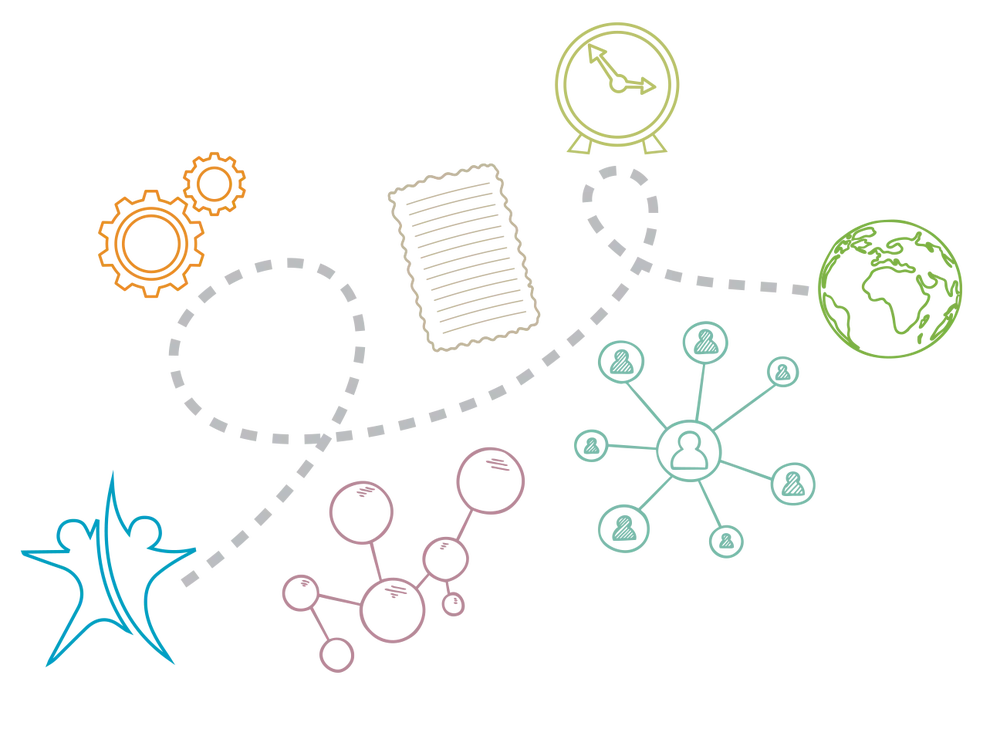 Decorative image showing various icons: two people, the planet Earth, cogs, a clock, paper, and more. 