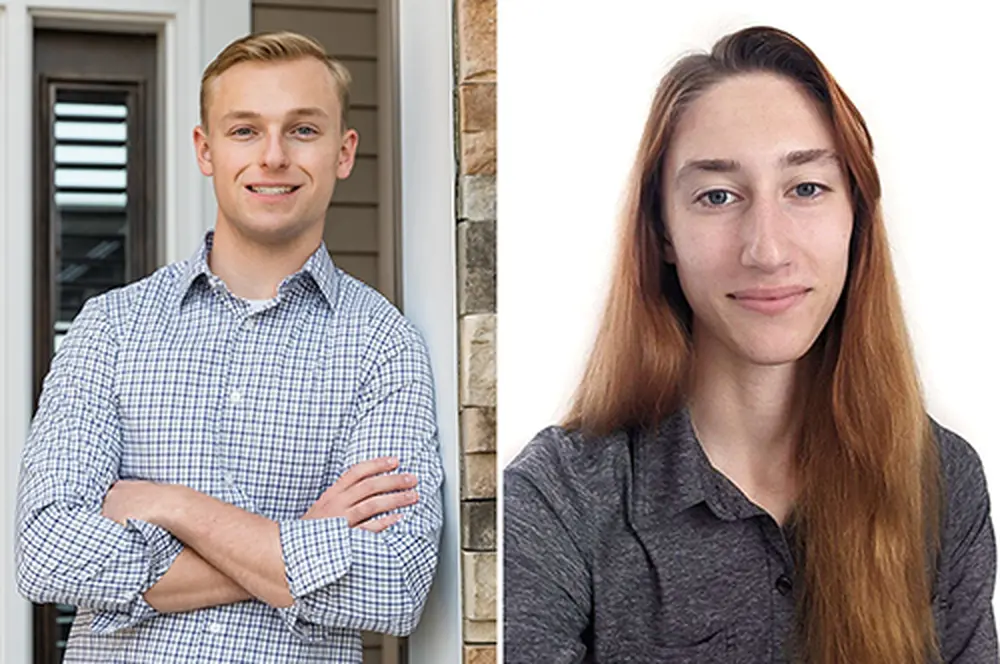 Critical Language Scholars Left: blond student in checkered shirt smiling with his arms crossed. Right: smiling, long-haired student in a gray shirt