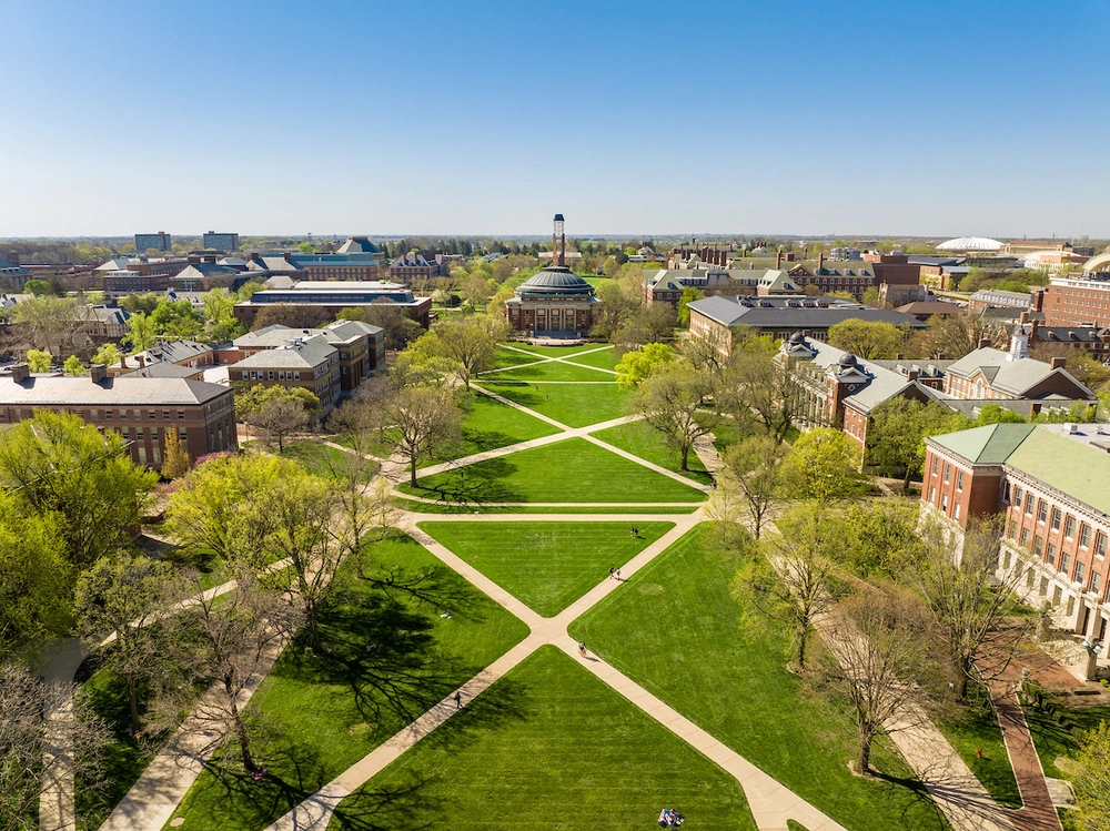 An aerial view of the Main Quad showing Foellinger and the South Quad in the spring.