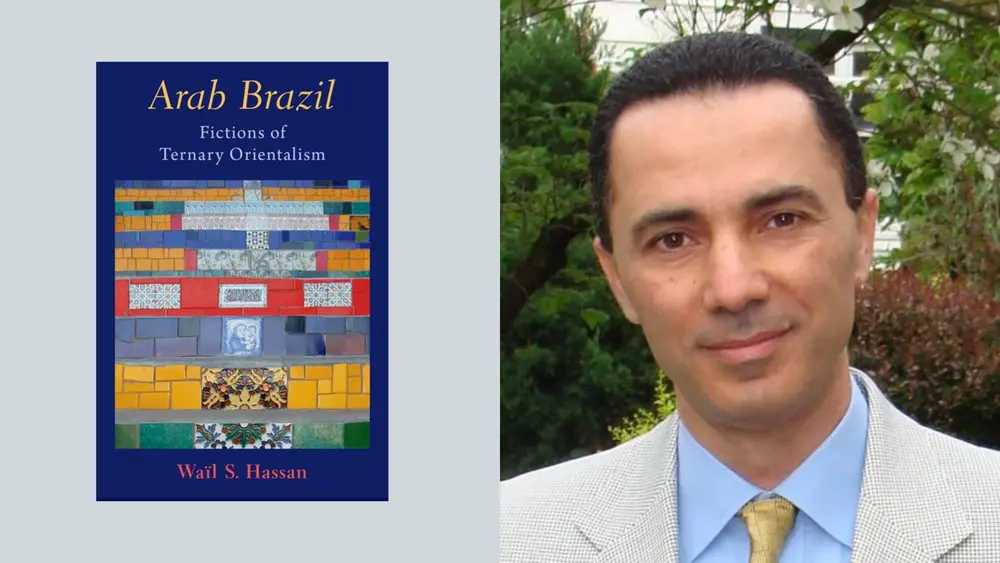 Book cover on left, man in suit on right