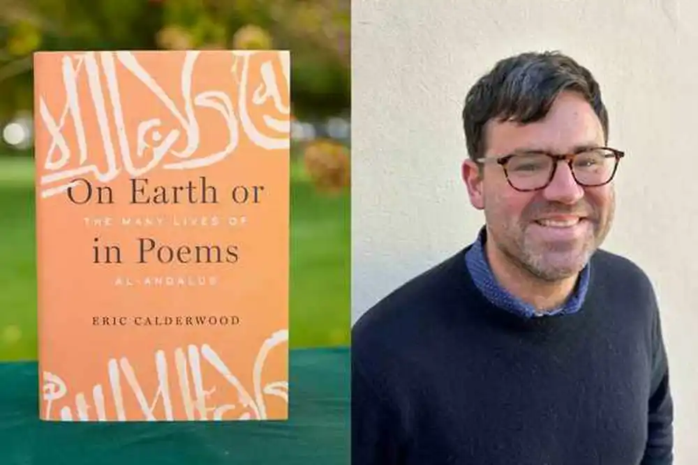 Book cover on left, man in glasses on right