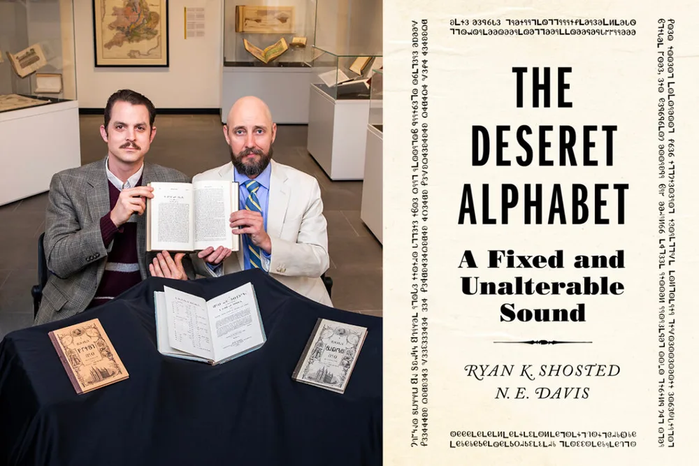 Left: Two men hold open book. Right: Book cover.