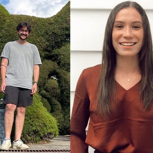 Young man posing in Costa Rica, smiling young woman in a maroon shirt