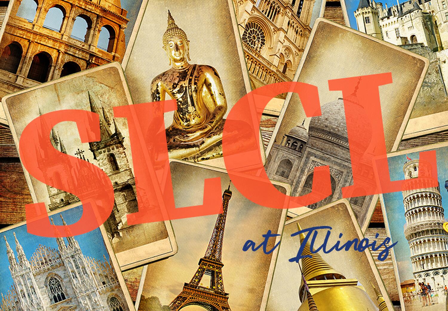 Postcards from abroad with the text, "SLCL at Illinois"