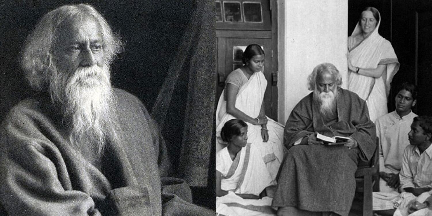 A portrait of Rabindranath Tagore before 1941 and a photo of Rabindranath Tagore reading to a crowd of people in 1925.