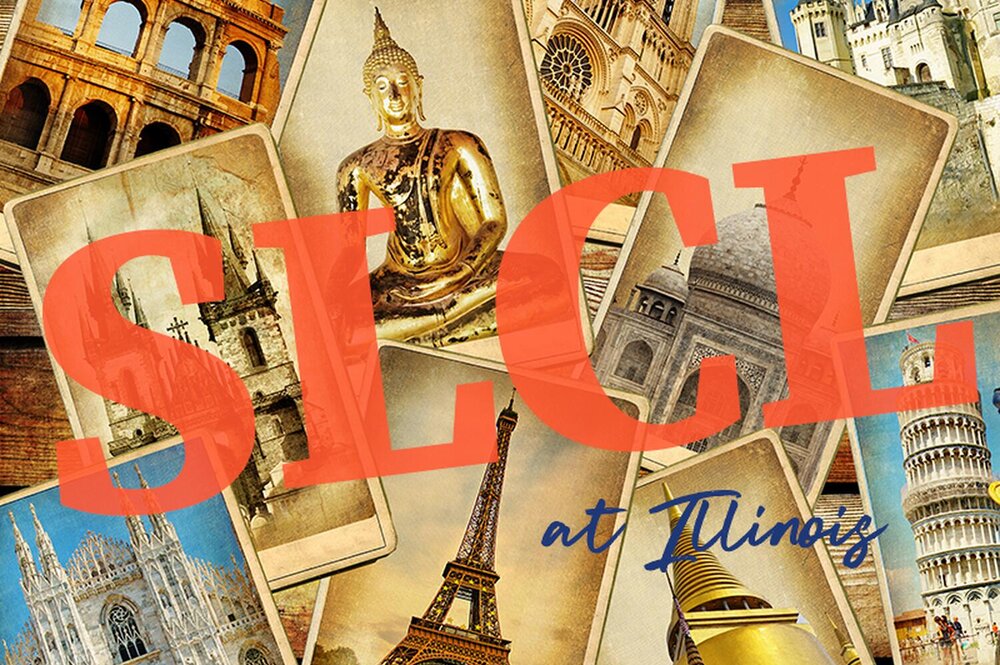 Collection of postcards with pictures of historical landmarks and the text, "SLCL at Illinois" 